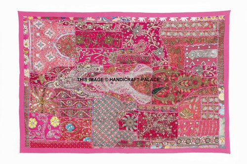 VINTAGE EMBROIDERY MOTI SARI DÉCOR WALL HANGING TAPESTRY 40 FESTIVE
