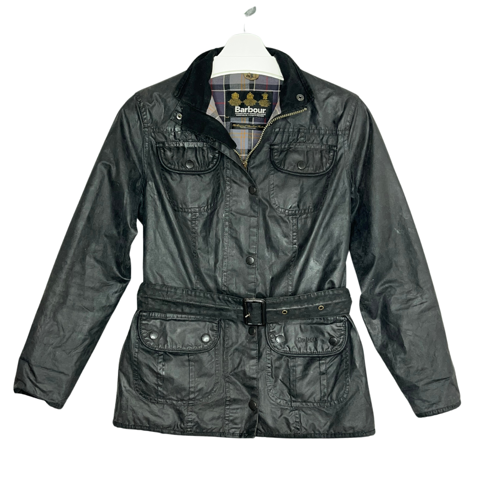 Barbour Ladies Utility Wax Jacket UK 8 Black Plaid Lined Full Zip Freshly Waxed