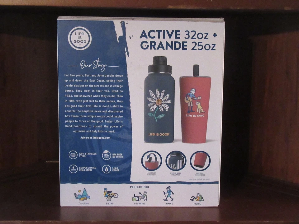 LIFE IS GOOD 32&25 OZ BOTELLA/TUMB JUEGO EN CAJA DE ACERO INOXIDABLE..."SKI JAKE/JACKIE" Foto 3 de 4