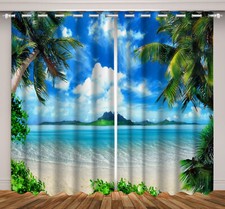 Palm Leaf Blue Ocean Beach 3D 2 Panels Window Curtains Blockout Drapes Fabric