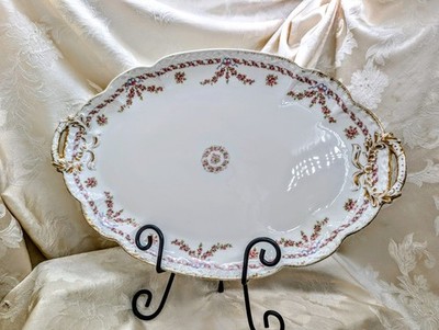 Antique Jean Pouyat Limoges 14'' Platter Blue Border Pink Floral Swag Heavy Gold 