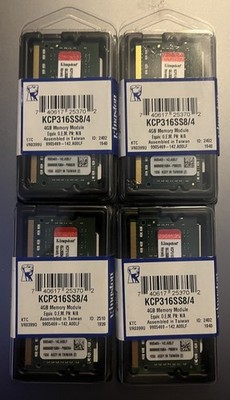 Lot of (4) Kingston 4GB 1600MHZ SODIMM Single Rank (KCP316SS8/4) RAM Memory New