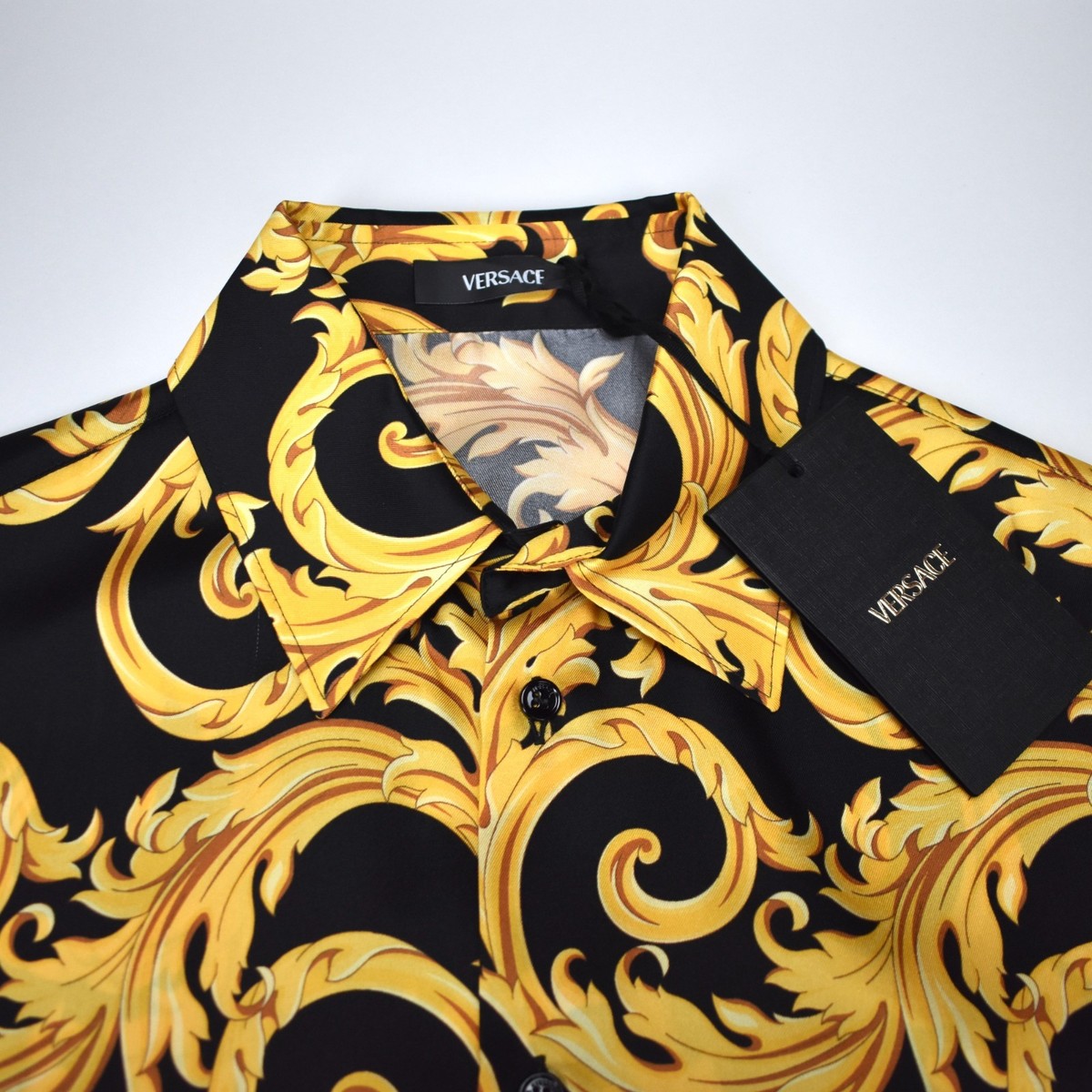 NWT $995 VERSACE Men's Black Gold Baroque Leaf Print Twill Shirt