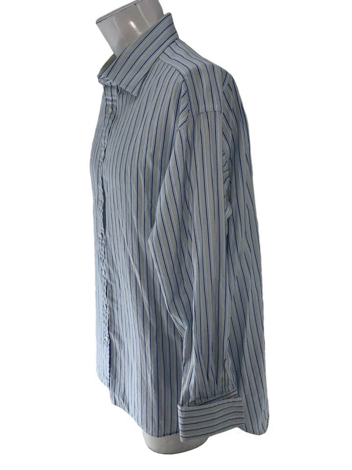 Camisa de vestir Thomas rosa 18 35,5 azul amarillo a rayas algodón puño francés YGI X5-33 Foto 4 de 4