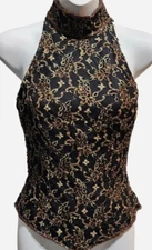 Vintage Handbeaded Black Gold Mock Neck Top