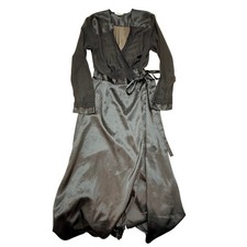 Flora Black  Floor Length Robe Sheer Lace Satin Long Sleeve S/M