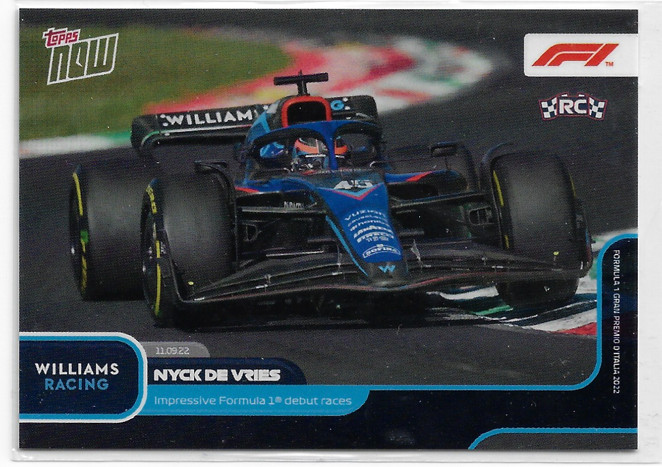 2022 Topps Now Formula 1 Nyck de Vries #056 RC Impresive Formula 1 debut race