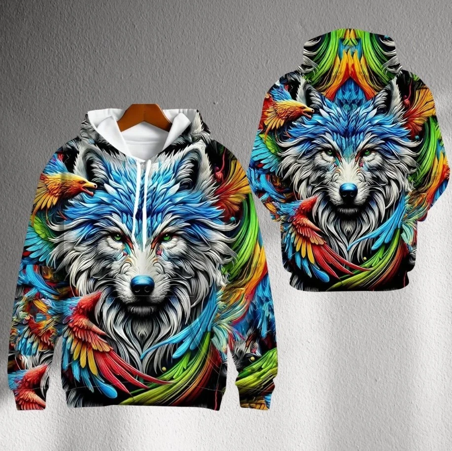 Colorful Wolf Hoodie with Birds, Rainbow Spirit Animal Pullover, Psychedelic 3D