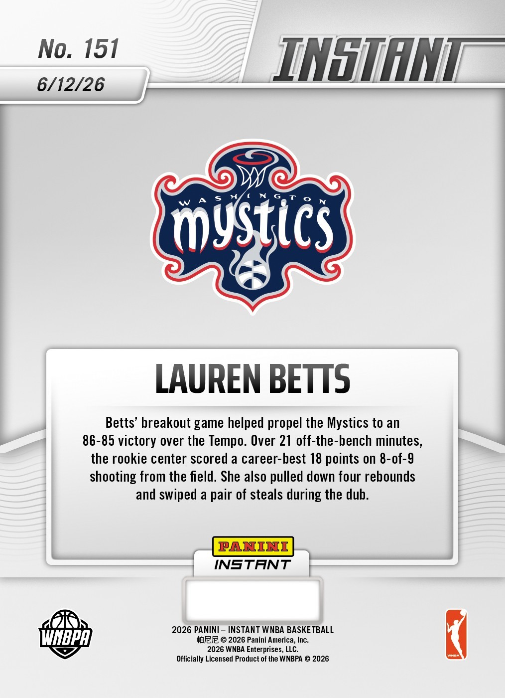 *PRESALE* 2026 Panini Instant WNBA Lauren Betts RC #151 ~ Washington Mystics view 2