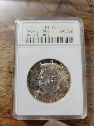 1964 - D  Kennedy Half Dollar 90% Silver, Double Die Reverse, ANACS  MS63