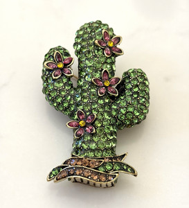 VTG INSPIRED Green Cactus Rhinestone Brooch Pin Set w/Pink Flowers, Gold Tone