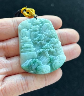 Floating Green Landscape Jadeite Jade Pendant, Zen/Enlightenment Jadeite Jade