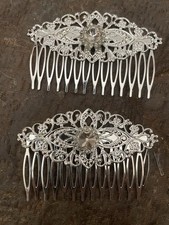 2 Retro Silver Victorian Filigree W/ Crystal Cabochon Metal Hair Combs