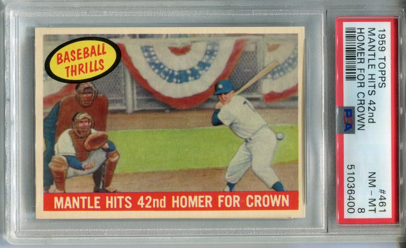 1959 Topps #461 Mickey Mantle Hits 42nd Homer For Crown PSA 8 NM-MT