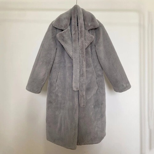 Winter Long Overcoats Women Oversized Lapel Belted Faux Rabbit Fur Coat Jacket - Picture 10 of 35