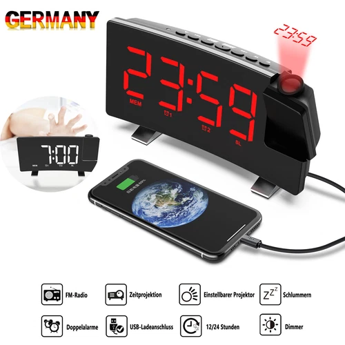 Funk Radiowecker Dimmbar Funkuhr mit Projektion FM LED Projektionswecker Alarm - Bild 1 von 12