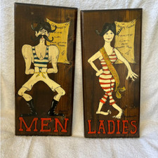 VNTG Bath/Restroom/Dressing Room Men Ladies Signs, Wood, 16x7