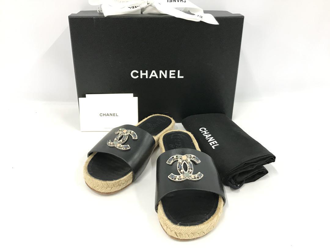 CHANEL Flat Sandals Espadrille CC Logo EU 35 Black Used From