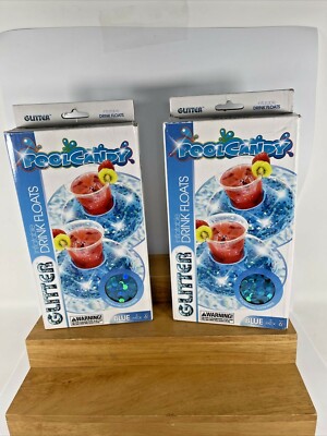 2X NEW PoolCandy Inflatable Drink Floats 2-Pk Holographic Glitter BLUE 4 Total