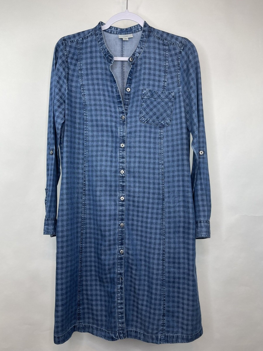 J Jill Womens Denim Dress Blue Check Print Button Front Long Tab Sleeves S  | eBay