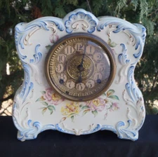 Antique 1895 Baby Blue Gilbert #410 Porcelain Mantle Clock - RUNS GREAT - VIDEO