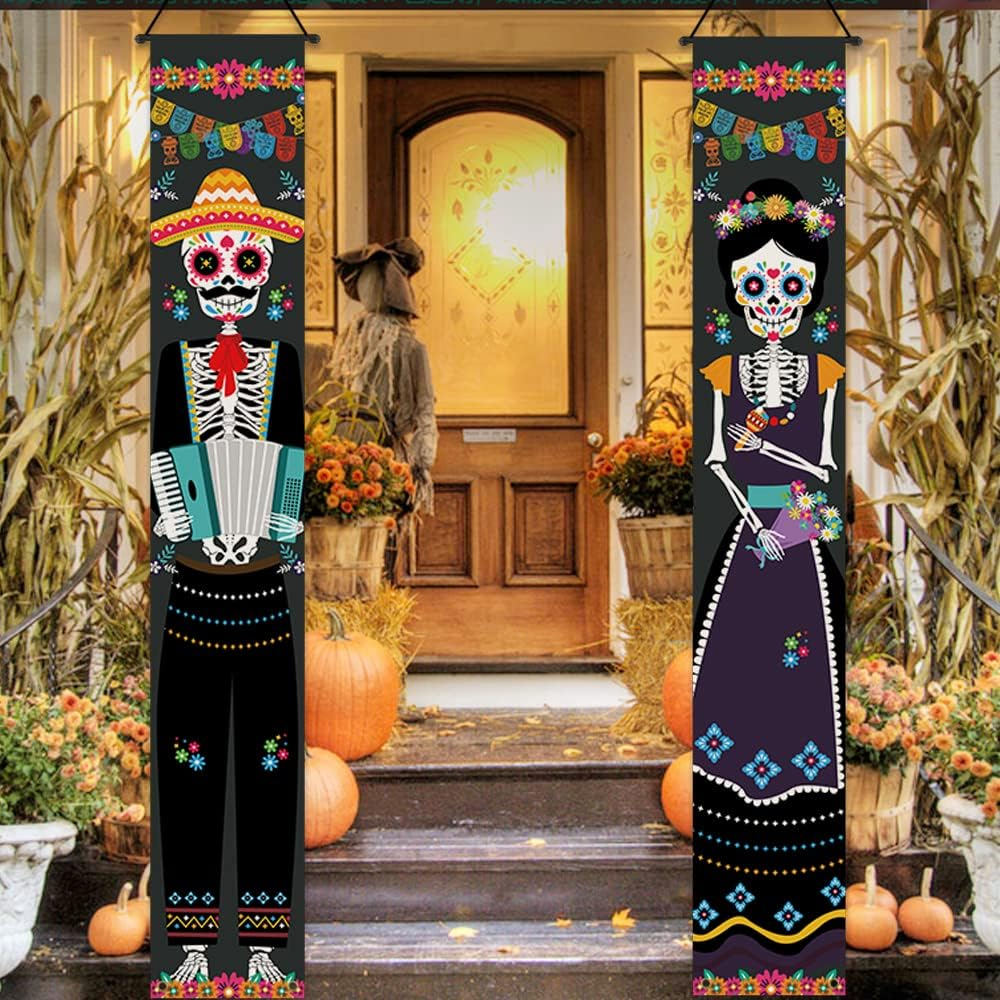 Day of the Dead Banner Decoration, 2 Pieces Dia De Los Muertos Porch