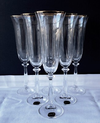 Set of Six Bohemia Crystal Gold-Rimmed Angela Champagne Flutes - NEW