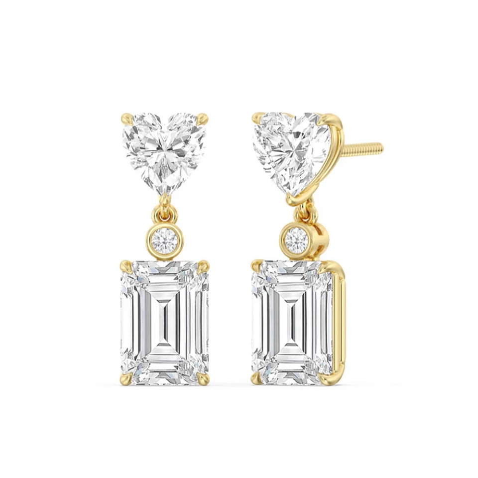 18K Yellow Gold Earrings 7.00 Ct Lab Created Emerald and Heart Cut Diamond Stud - Image 4 of 4
