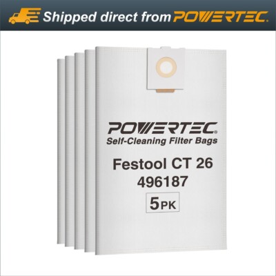 POWERTEC 75037 Self-Cleaning Filter Bags for Festool CT 26 (5-Pack)