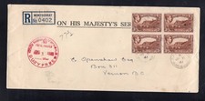 Montserrat 1941 G.P.O. Couverture immatriculée 4x3d de Plymouth à Vernon, Colombie-Britannique, Scott 97a