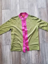 Y2K Shanghai Tang Lime Green 100% Wool  Cardigan W/ Pink Silk Trim. Worn Only. L