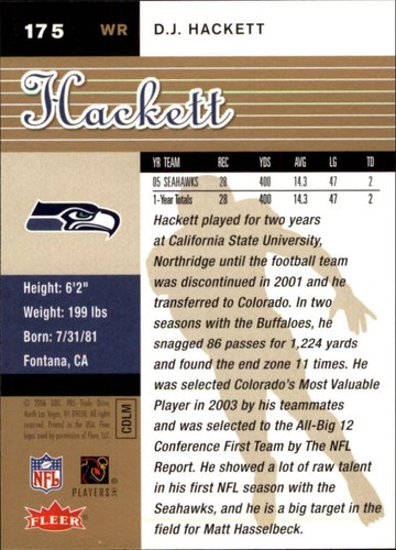 2006 Fleer Ultra Gold Medallion D.J. HACKETT #175 SEATTLE SEAHAWKS BUFFALOES 🏈 - Picture 2 of 2