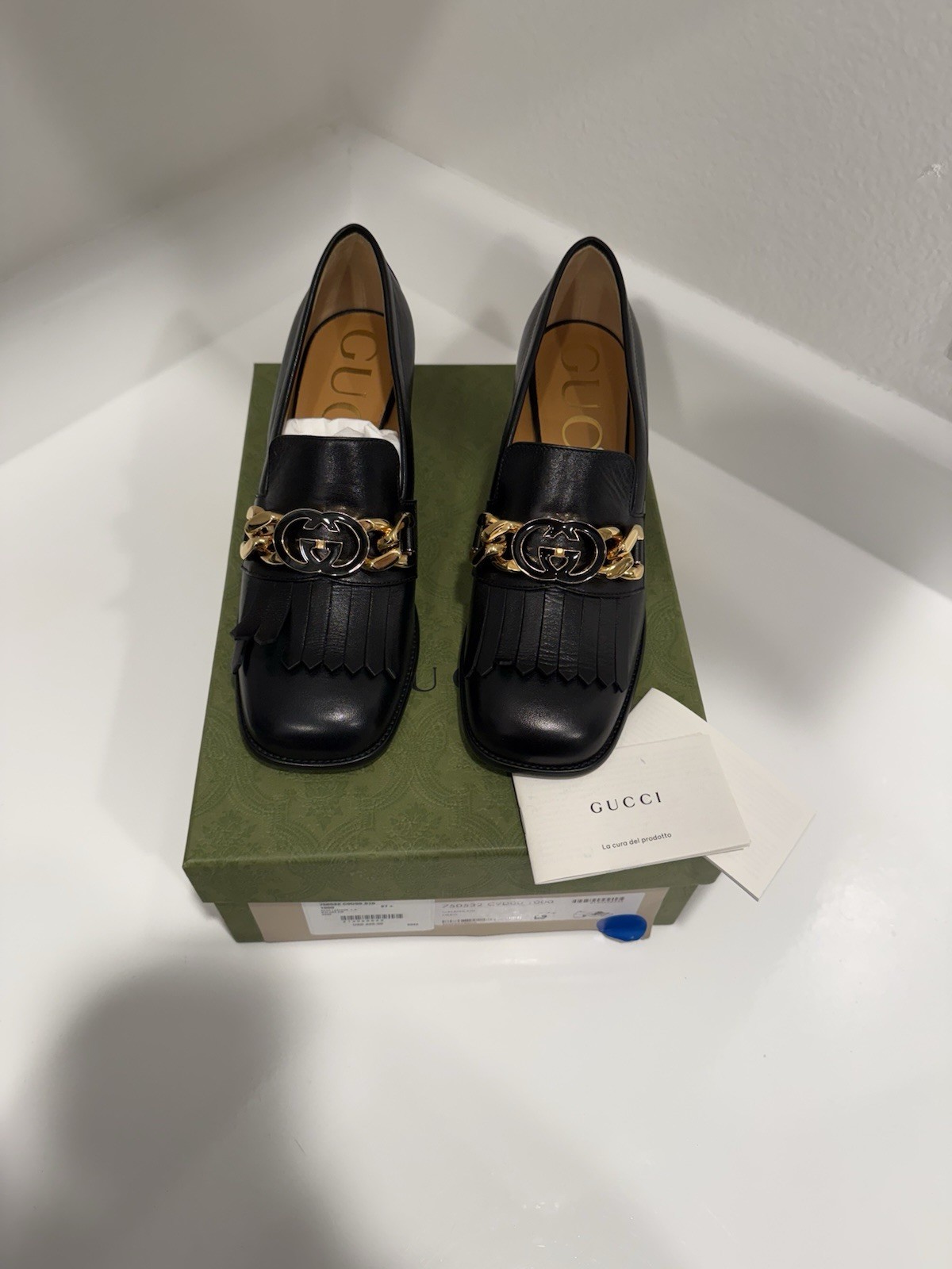 Gucci Interlocking G Square Toe Loafers Malaga Kid Size 37.5 New Without Box