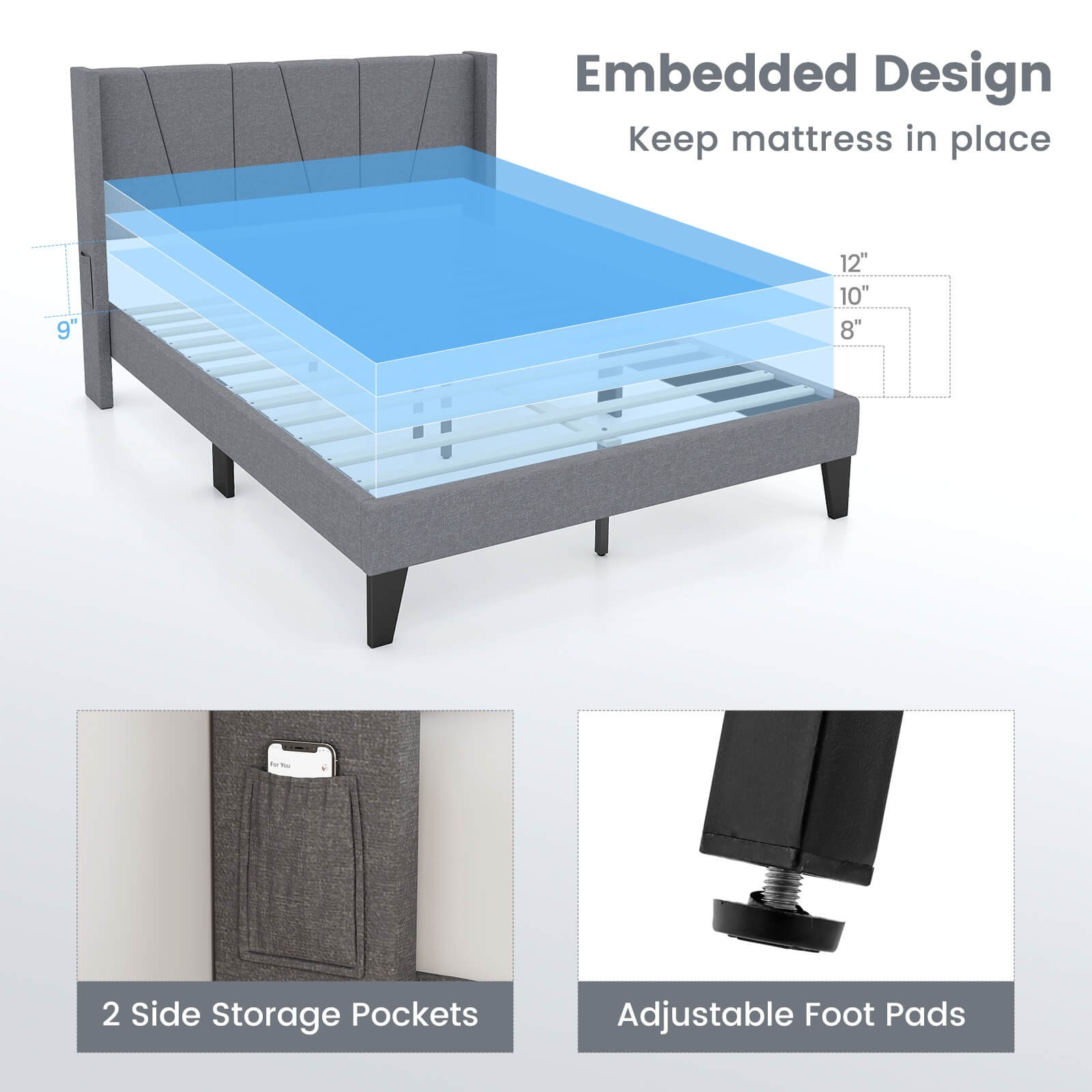 Full Size Upholstered Bed Frame w/ Elastic Pockets Mattress Foundation Gray