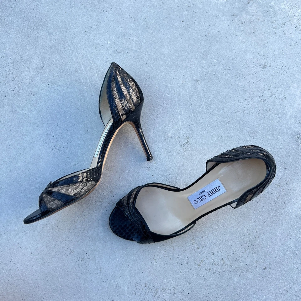 Jimmy Choo | Black Lace Velvet Python Leather D'Orsay Peep Toe Pumps (36.5) - Image 4 of 4