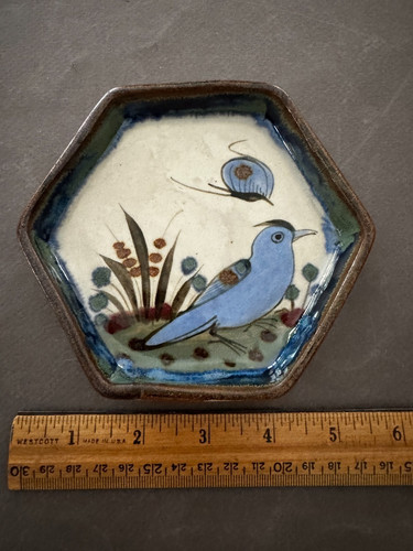 KEN EDWARDS HAND PAINTED BIRD FOLK ART TONALA MEXICO 5" HEXAGON TRINKET TRAY 3
