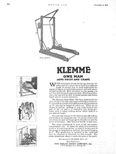 1919 Ad Klemme Mfg Co Chicago IL One Man Auto Hoist & Crane