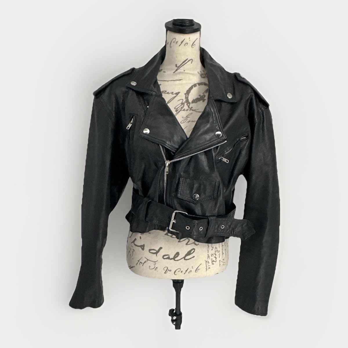 Wilsons Leather Jacket Womens Large Black Cropped Moto Belted Zip