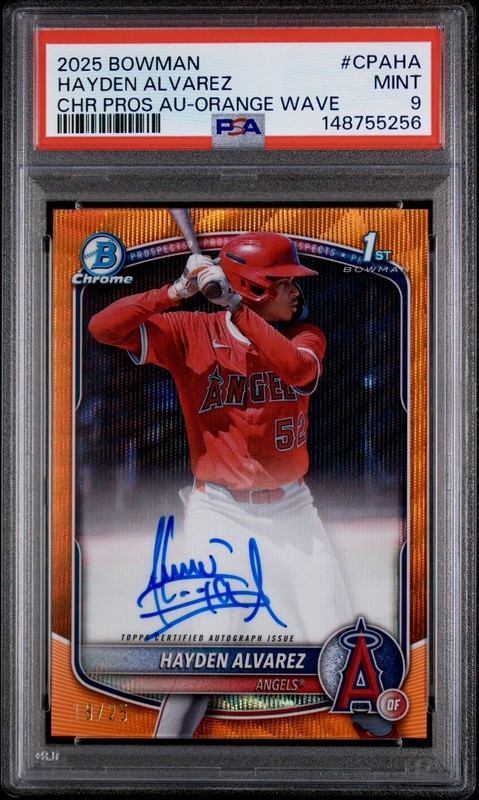 2025 Bowman 1st Hayden Alvarez Auto /25 Orange Wave LA Angels Mint PSA 9