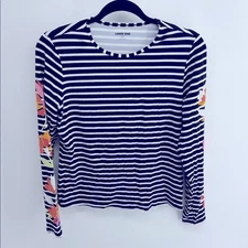 Lands’ End striped floral sleeves sun beach long sleeve rash guard swim top sz S