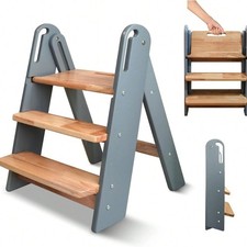 3 Step Foldable Wooden Toddler Stool Kids Kitchen Bath Potty Helper Tower Grey