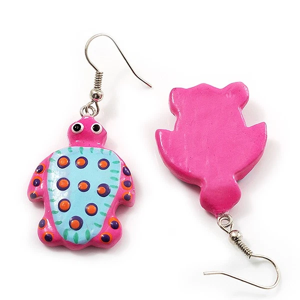 Funky Wooden Turtle Drop Earrings (Deep Pink & Light Blue ) - 4.5cm Length - Image 4 of 4