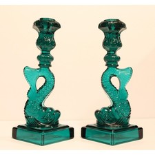 Vintage Imperial Green Glass Dolphin/Koi fish Candlestick Holders MMA set of 2