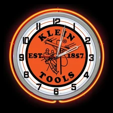 19" Klein Tools Sign Orange Double Neon Clock Lineman Electrician Man Cave