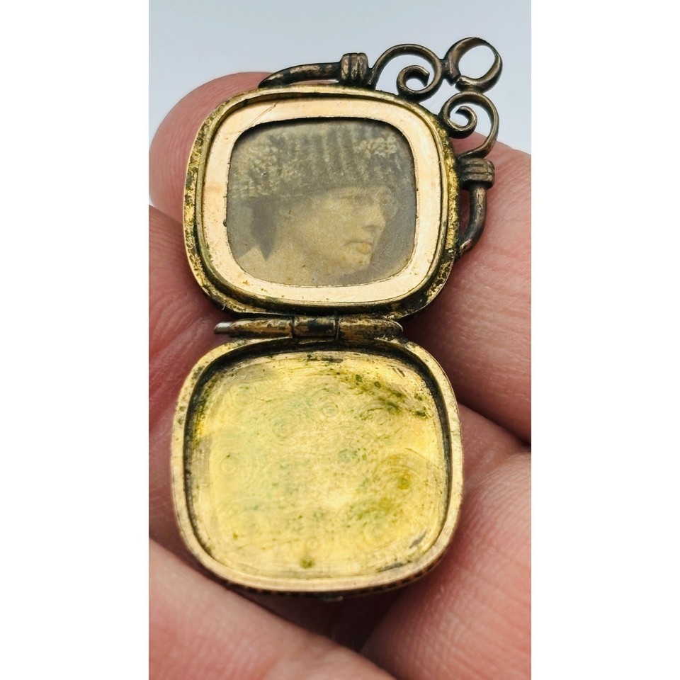 Antique Gold Filled Engraved Scroll Square watch fob Locket Pendant Portrait