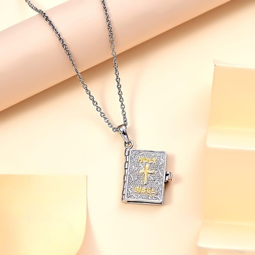 KARAIS Holy Bible Openable Pendant Platinum Bond 24" Stainless Stell Chain - Picture 2 of 8