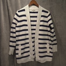 L.L. Bean Sz Large Nautical Open Cardigan Navy White Stripe Coastal Beach Classy