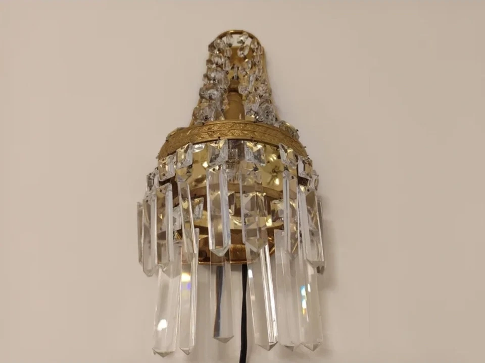 Vintage Antique Pair French Empire Brass Crystal 1 Light Sconces Wall Lights - Image 4 of 4