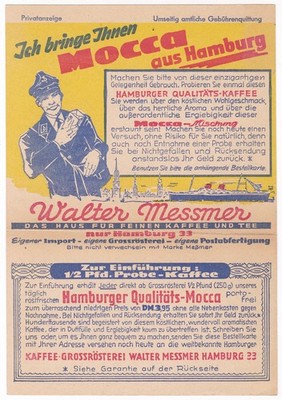Gebührenquittung Mocca aus Hamburg 1954 Walter Messmer Kaffee Tee Rösterei