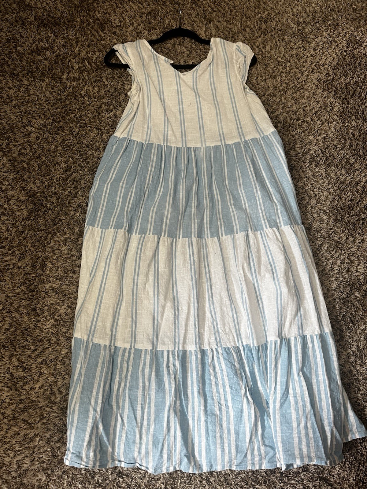 Amarillolimon Blue & White Striped Tiered Sleeveless Maxi Dress, Cotton, S